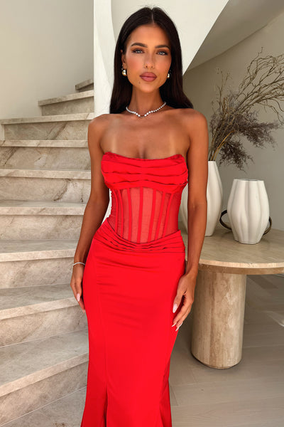 Prom Dress | Formal Dress | Maxi Dress | Prom Gown | Red | 4 | Aderyn Satin Corset Maxi Dress - Red