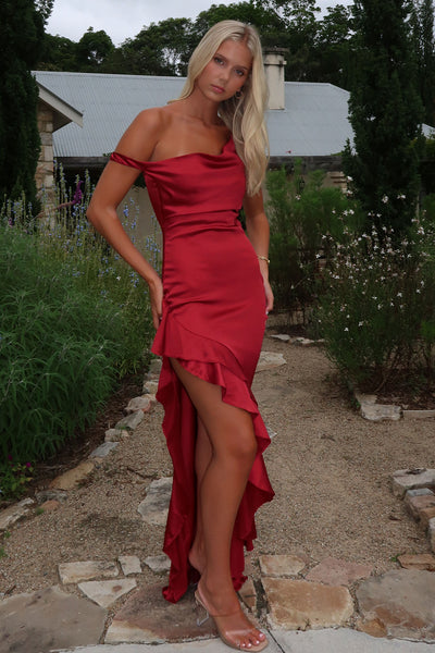 Daenerys Off Shoulder Satin Maxi Dress - Burgundy  Thats So Fetch US