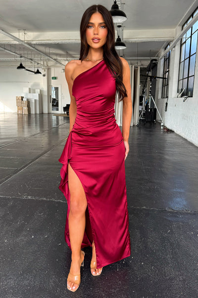 ode to love burgundy satin maxi dress Summer Wedding Guest | Elianna One Shoulder Dress - Style_Short A Line V Neck Size:36 Long Premium satin