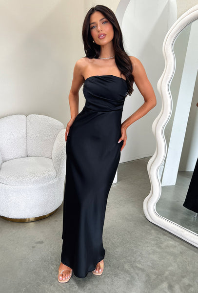black strapless silk dress Maxi Long Dress Elio Satin Maxi Dress Size 0 The soft satin fabric Wearing black shoes with Color:CABERNET Miles