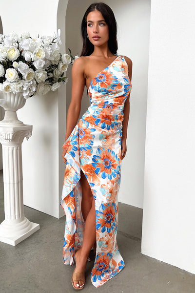 one shoulder floral maxi dress Maxi Dress Blue Floral Long Dress Elianna One Shoulder Satin Maxi Dress Size 0