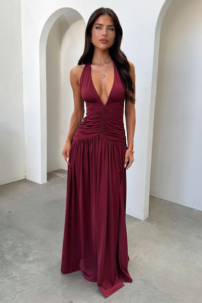 Ginevra Ruched Halter Maxi Dress - Burgundy Thats So Fetch US Ginevra Ruched Halter Maxi Dress - Burgundy Thats So Fetch US