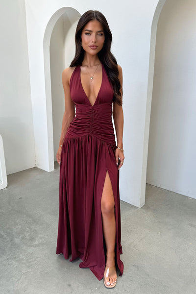Ginevra Ruched Halter Maxi Dress - Burgundy Thats So Fetch US Ginevra Ruched Halter Maxi Dress - Burgundy Thats So Fetch US
