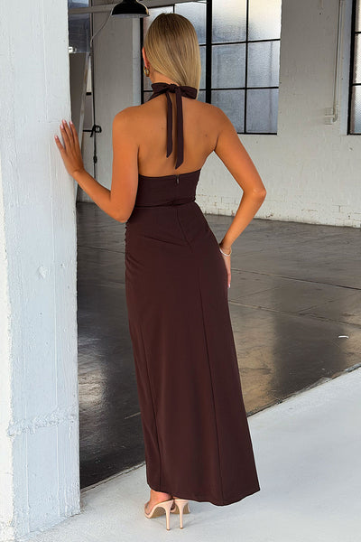 brown halter formal dress Madeleine Maxi chocolate brown prom suit