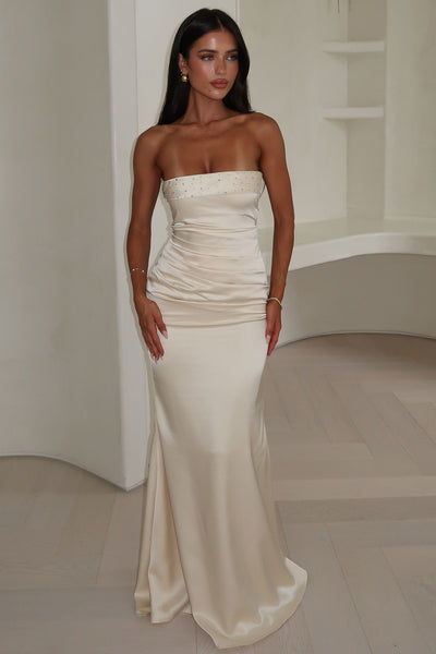 salvin strapless maxi dress champagne Ophelia Embellished Satin Princess polly champagne Size:9 US Women (6 AU/UK) Sleeve-length: LONG Perry Ellis Portfolio Men's Luxurious satin