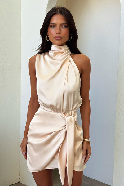 cottage hill mini dress champagne NWT Princess Polly Cottage Hill Mini Dress - Champagne Satin Wrap Dress -  US 4