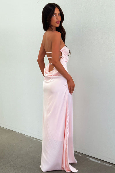 Summer Wedding Guest Dress | Thora Strapless Satin Maxi Dress - Baby Pink