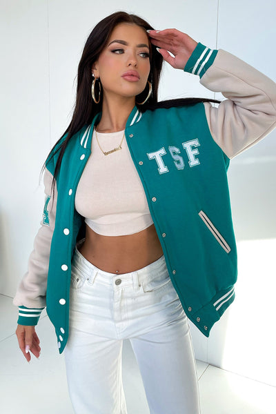 Varsity Oversized Jacket - Teal / Beige – Thats So Fetch US