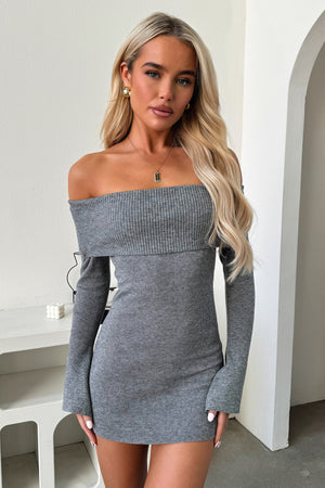 knee length dresses for ladies Thats So Fetch | Aaliyah Off Shoulder Knit Mini Dress | Grey