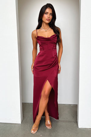Aiana Satin Maxi Dress Burgundy – Thats So Fetch US