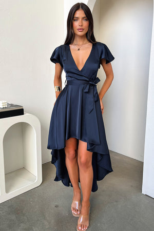 satin midi dress navy Self-Portrait - Navy Bandeau Polka Dot Satin Midi Dress