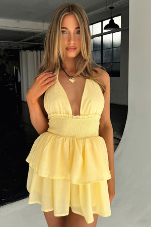 august mini dress yellow Thats So Fetch | April Tiered Halter Mini Dress | Yellow