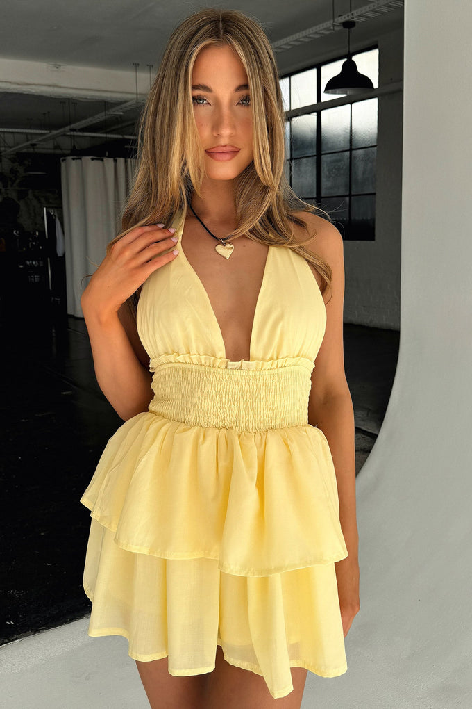 Thats So Fetch | April Tiered Halter Mini Dress | Yellow | 6 Thats So Fetch | April Tiered Halter Mini Dress | Yellow | 6