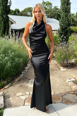 strapless open back dress Maxi Dress Black Long Dress Corwin Open Back Satin Maxi Dress Size 14