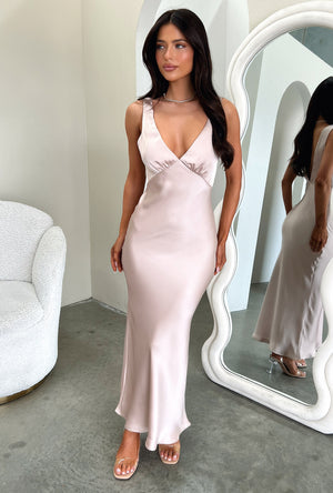 Delayne V-Neck Satin Midi Dress - Champagne 0 Delayne V-Neck Satin Midi Dress - Champagne 0