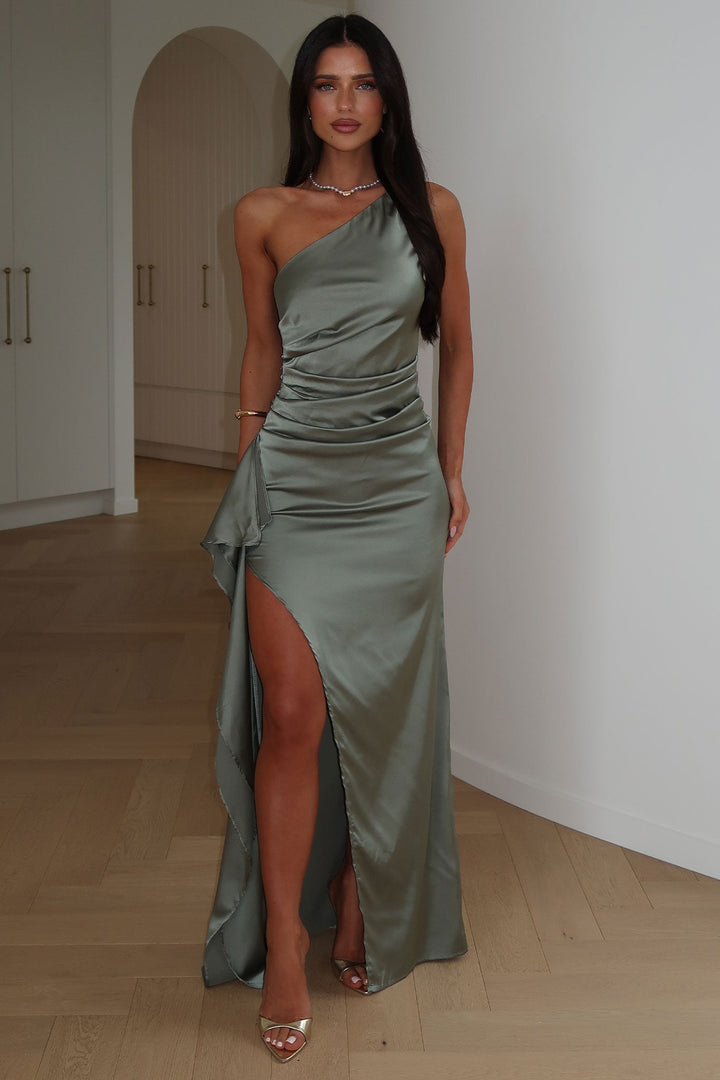 Elianna One Shoulder Satin Maxi Dress - Sage