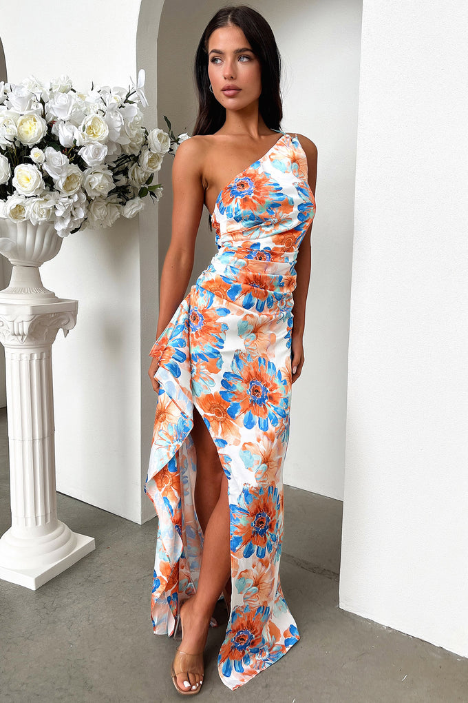 Elianna One Shoulder Satin Maxi Dress - Blue Floral Elianna One Shoulder Satin Maxi Dress - Blue Floral