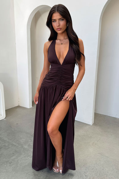 Ginevra Ruched Halter Maxi Dress - Burgundy Thats So Fetch US Ginevra Ruched Halter Maxi Dress - Burgundy Thats So Fetch US