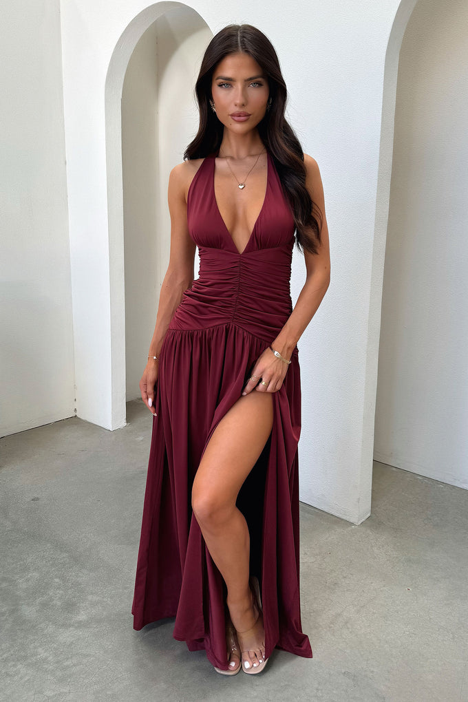 Ginevra Ruched Halter Maxi Dress - Burgundy Ginevra Ruched Halter Maxi Dress - Burgundy