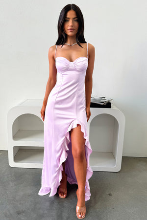 Lauren Ruffle Trim Satin Maxi Dress