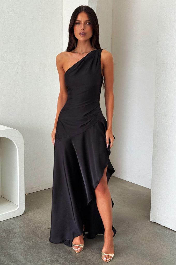 black satin one shoulder maxi dress SATIN GATHER ONE SHOULDER DRESS | BLACK THIRD FORM