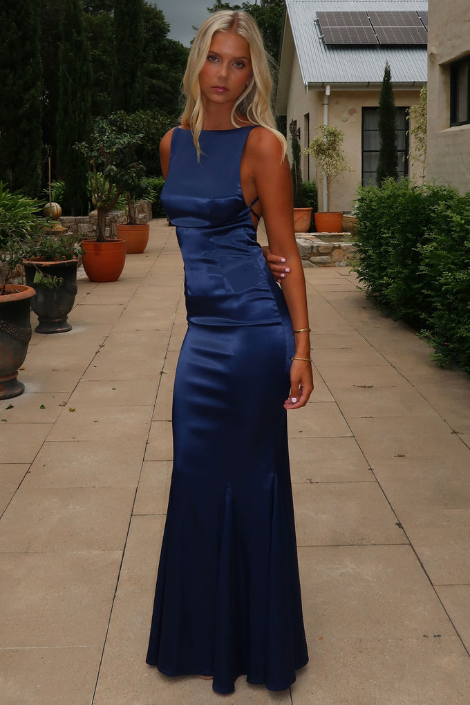 Margot High-Neck Satin Maxi Dress - Navy Margot High-Neck Satin Maxi Dress - Navy