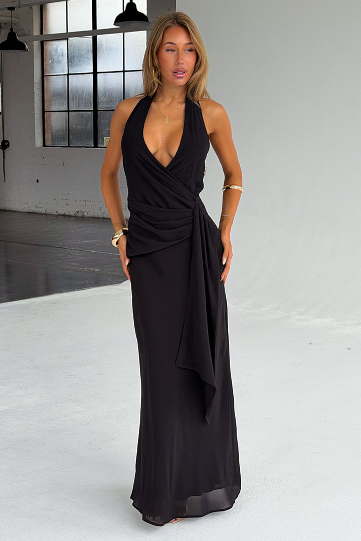 Marielle Halter Neck Maxi Dress - Black