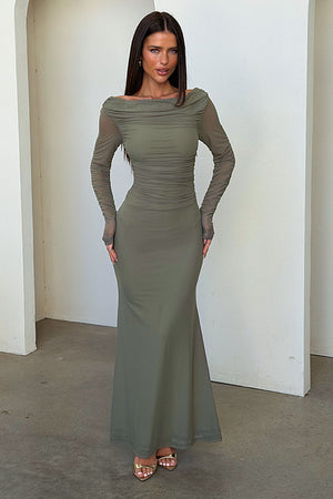 long sleeve mesh maxi dress Sheer Cover-Up | Off-Shoulder Ruched Waist the long sleeves balance the bodycon fit Wrangler 112382666 Retro Punchy Maxi
