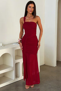 burgundy mesh maxi dress Kaitlin One Shoulder Slinky And Mesh Maxi Dress