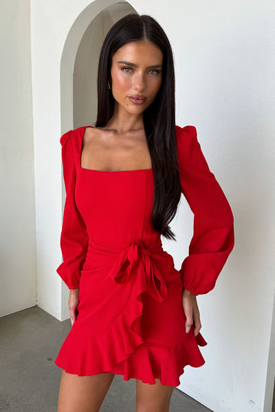 Silvana Long Sleeve Wrap Mini Dress - Red