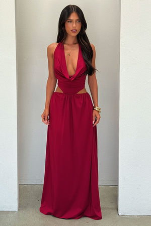 Prom Dress | Formal Dress | Maxi Dress | Prom Gown | Burgundy | 0 | Soraya Plunge Halter Neck Maxi Dress - Burgundy