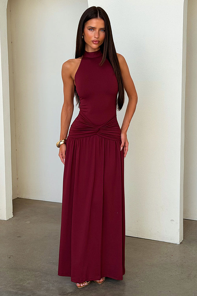 Summer Wedding Guest Dress | Tallulah High Neck Maxi Dress - Burgundy