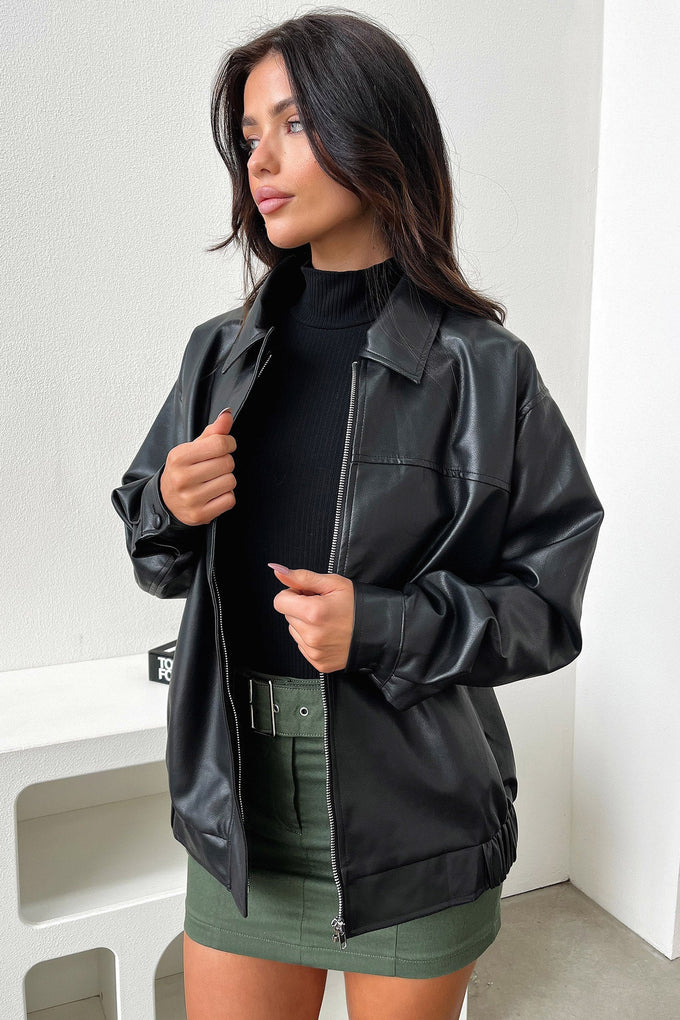 Zeroni Faux Leather Bomber Jacket Black