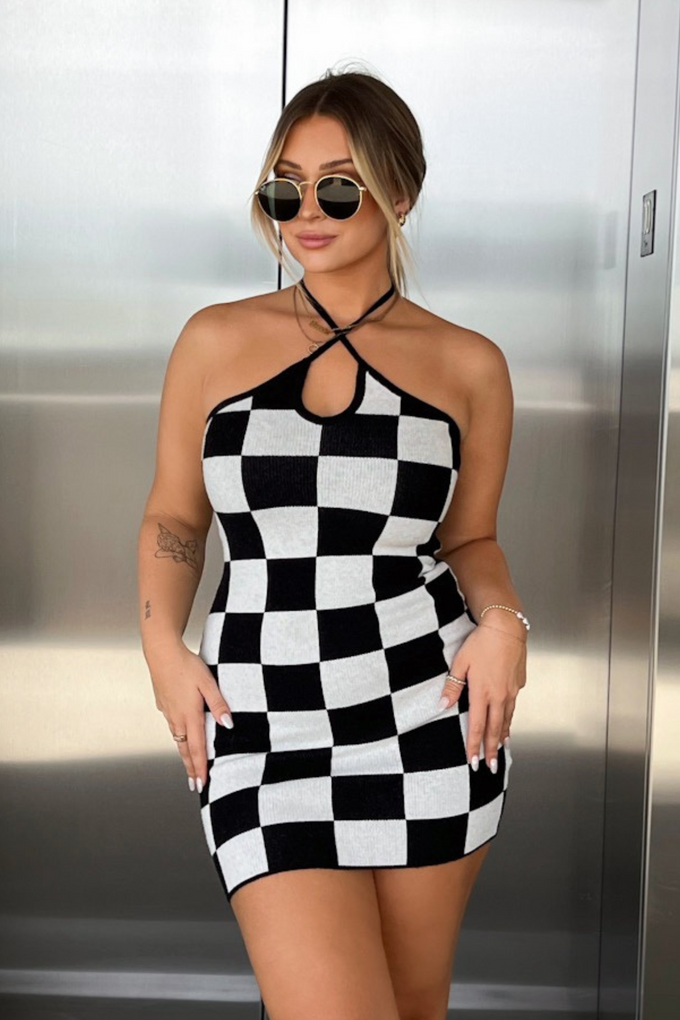 black and white checkered bodycon dress Checkered Print Bodycon Dress Black / Small
