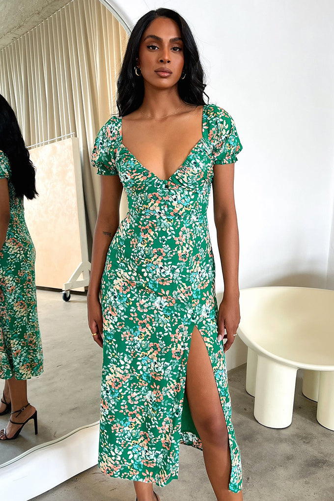 Solem Midi Dress Dark Green Floral - Main Image